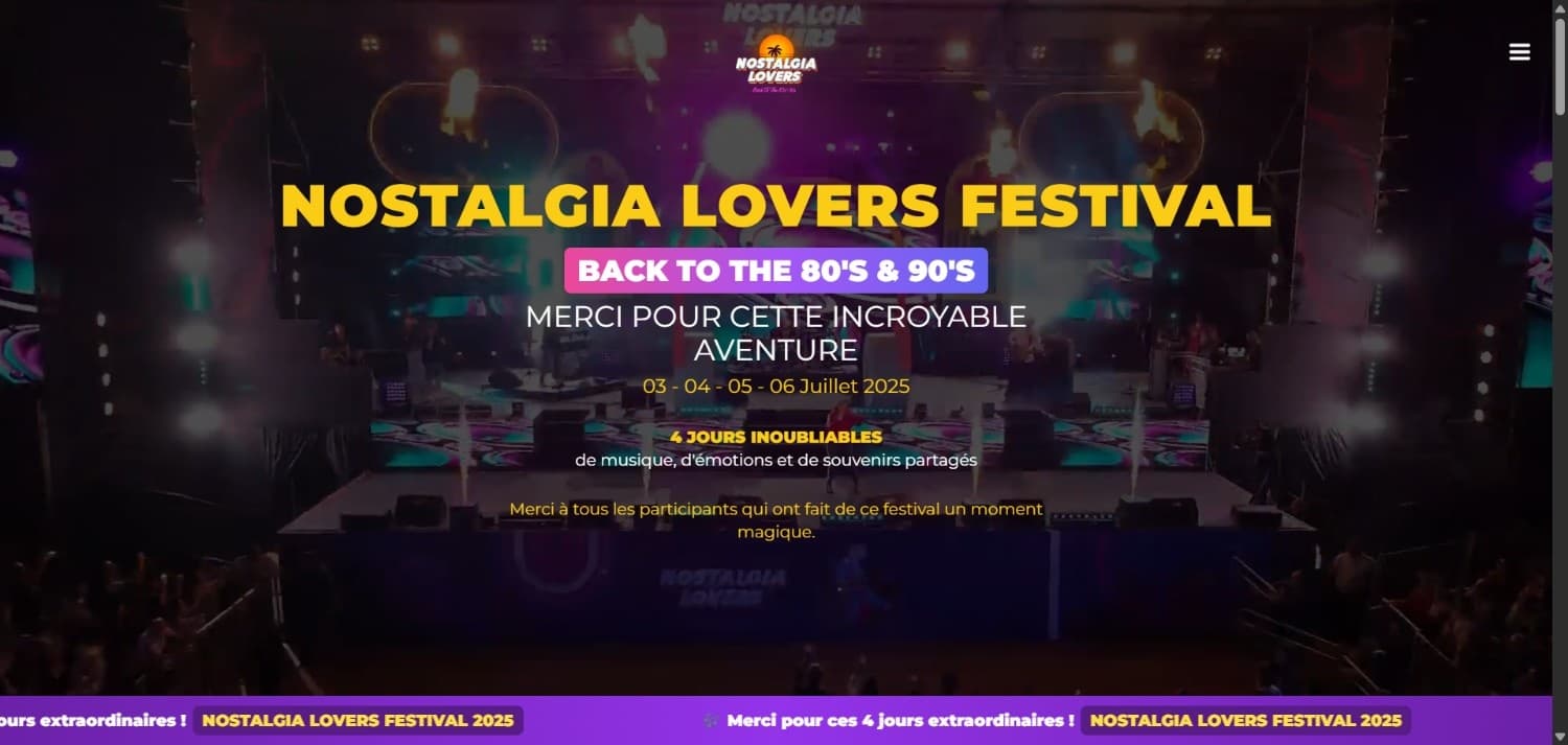 Nostalgia Lovers Festival — site web conçu et développé par Mouhcine Zhirou, développeur web full stack freelance
